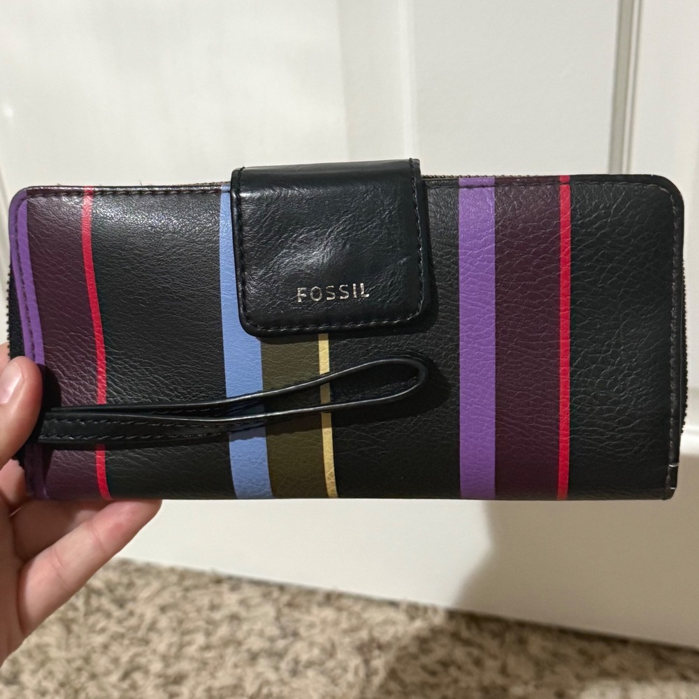 Fossil Logan Zip Clutch Multicolor Striped Black Leather Wristlet Wallet